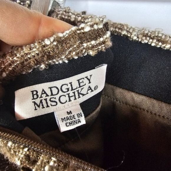 Badgley Mischka Frayed Hem Boucle Mini Skirt Sz M Brown Metallic Stretch Waist - Picture 5 of 11